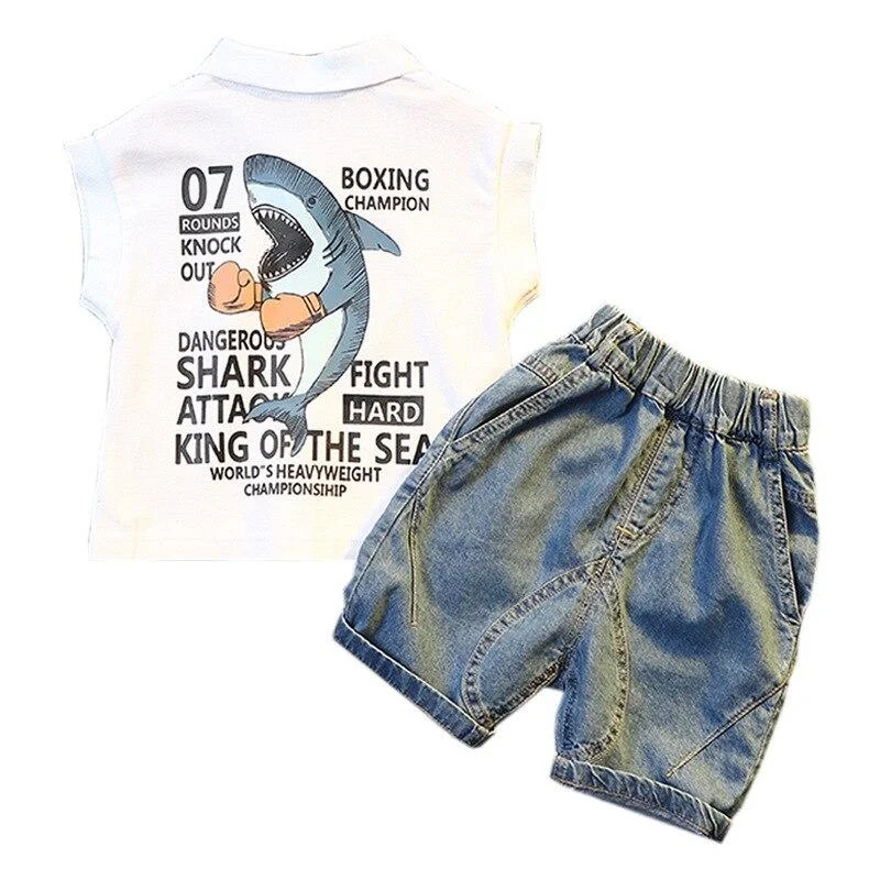 Boys Suit Clothes Summer Baby Short-Sleeve Shark Shirt + Soft Denim Shorts 2PCS Animal Costume For Kids Clothes