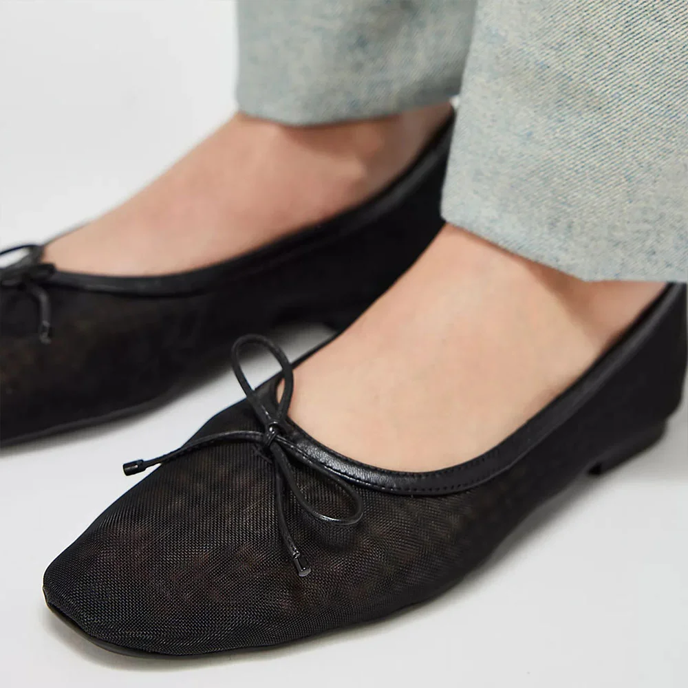 YDN Women's Black Square Toe Bow Decor Casual Mesh Flats