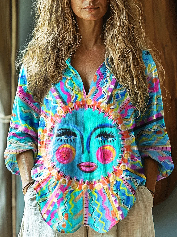 Women's Hippie Sunflower Art Print Casual Linen V-neck Shirt