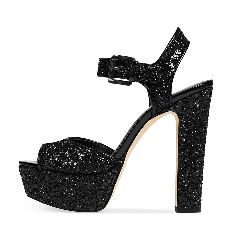 Black Glitter Peep Toe Platform Block Heel Sandals Vdcoo