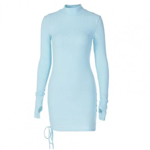 Sweater Dress Ribbing Turtleneck Autumn Winter Long Sleeve Drawstring Ruched Bandage Dress Streetwear
