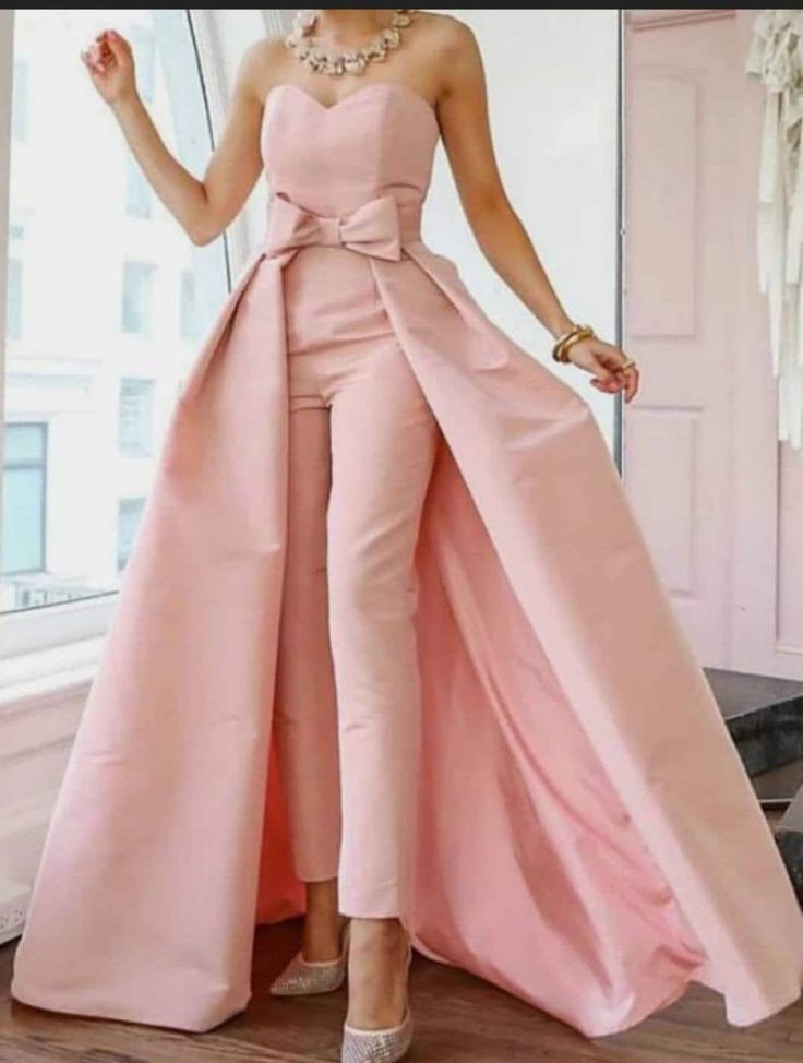 Pink Jumpsuits Evening Dresses Formal Occasion Dresses Beautiful Back Sexy Engagement Sweetheart Sleeveless Detachable Bow | Risias
