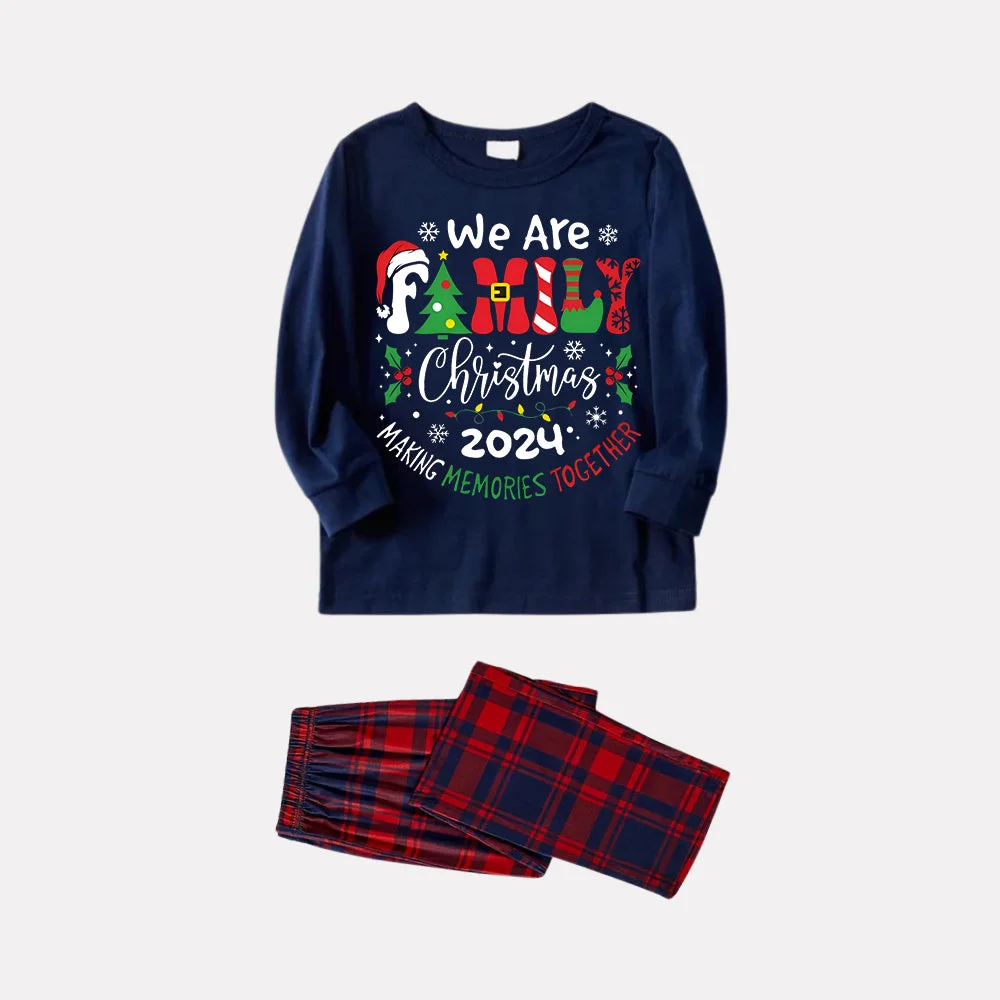 "We are Family" 2024 Christmas Wreath - Blue Long Sleeve Top with Blue & Red Plaid Family Matching Pajamas
