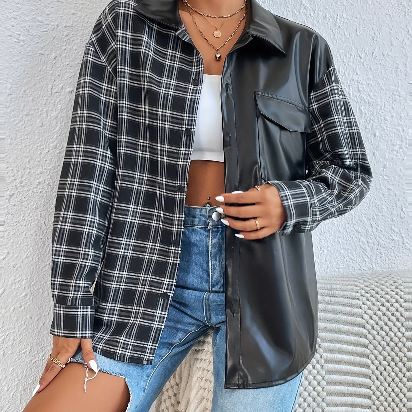 Print Faux Leather Splicing Shirt, Casual Button Front Long Sleeve Top For Spring & Fall