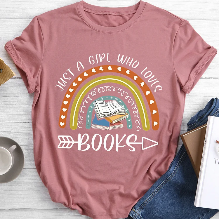 Just A Girl Who Loves Rainbow Books Round Neck T-shirt-BSTJ0044