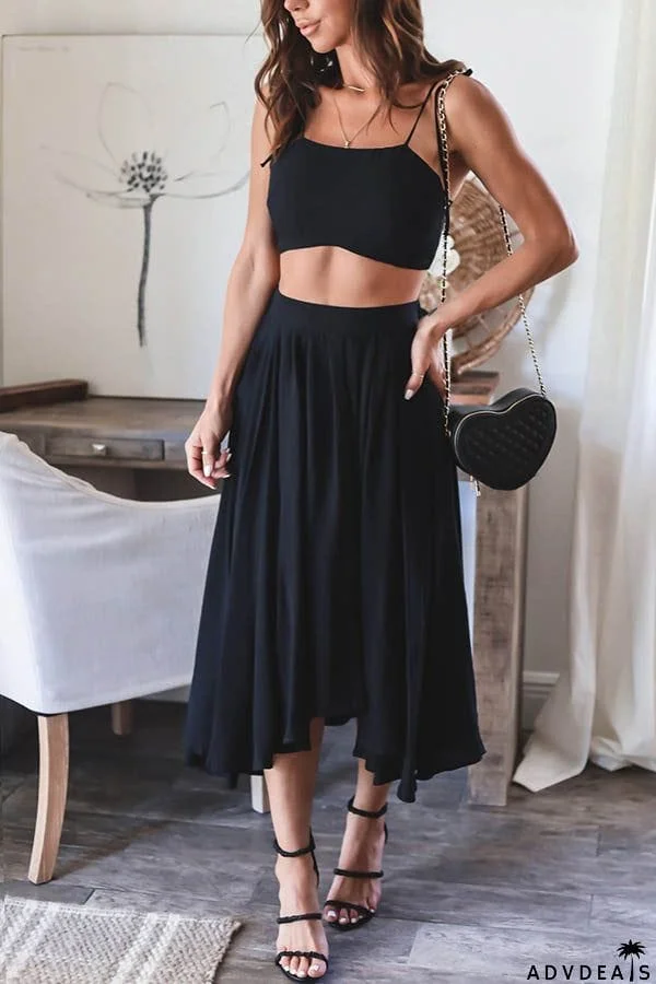 Tie Shoulder Crop Top Pockets Maxi Skirt Set