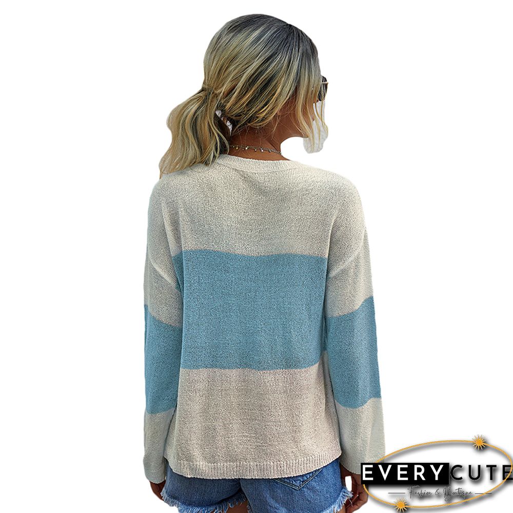 Light Blue Colorblock Lightweight Loose Sweater