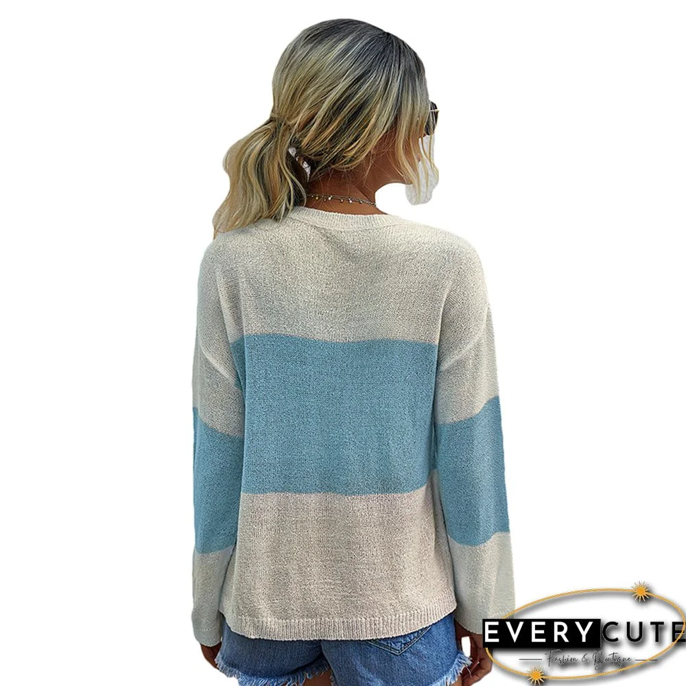 Light Blue Colorblock Lightweight Loose Sweater