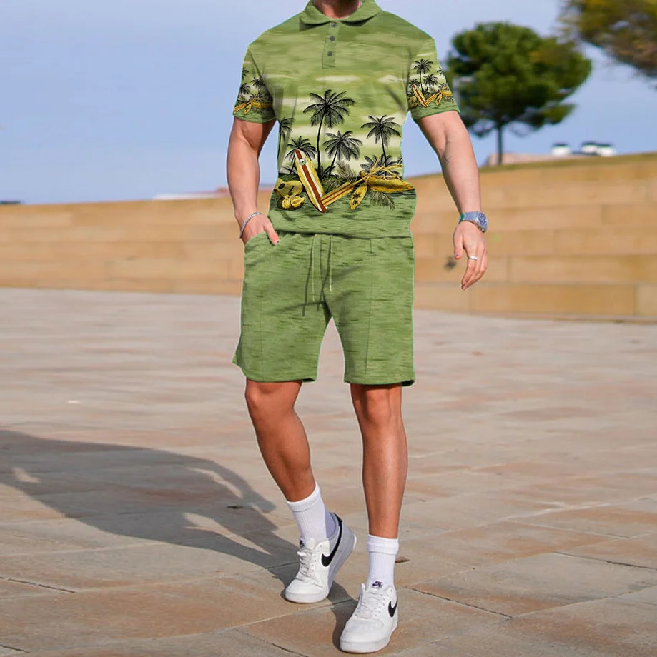 Trendy print retro resort style polo shirt set