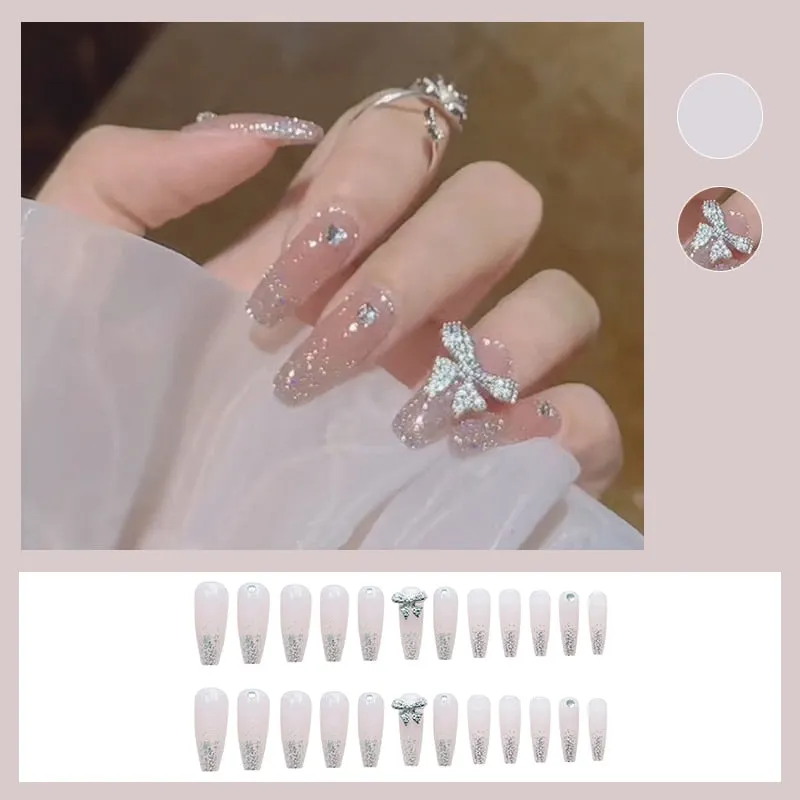 24pcs Butterfly decorated false nails Removable Long Paragraph Fashion Manicure press on nail tips full cover acrylic for girls-Nail Inspo