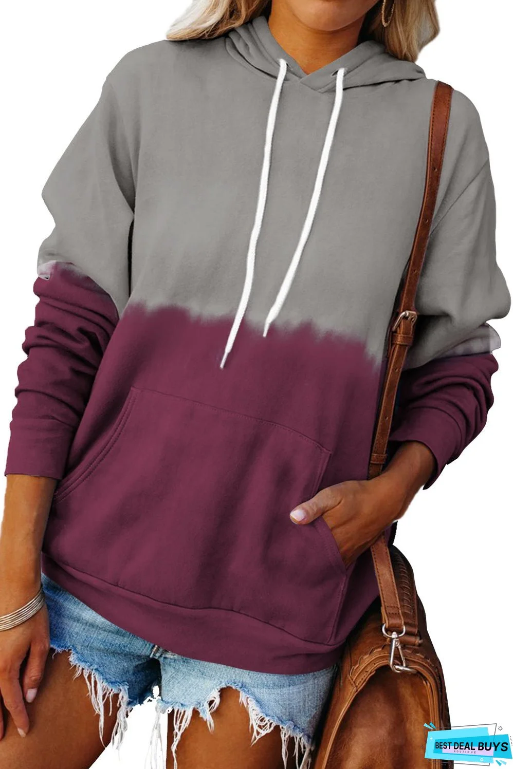 Burgundy Dip-Dye Colorblock Drawstring Hoodie with Pockets