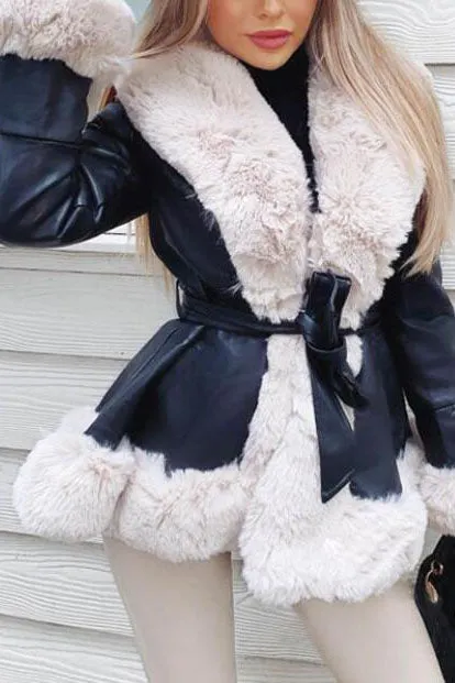 Faux Fur Leather Jacket With Cord Long Outerwear
