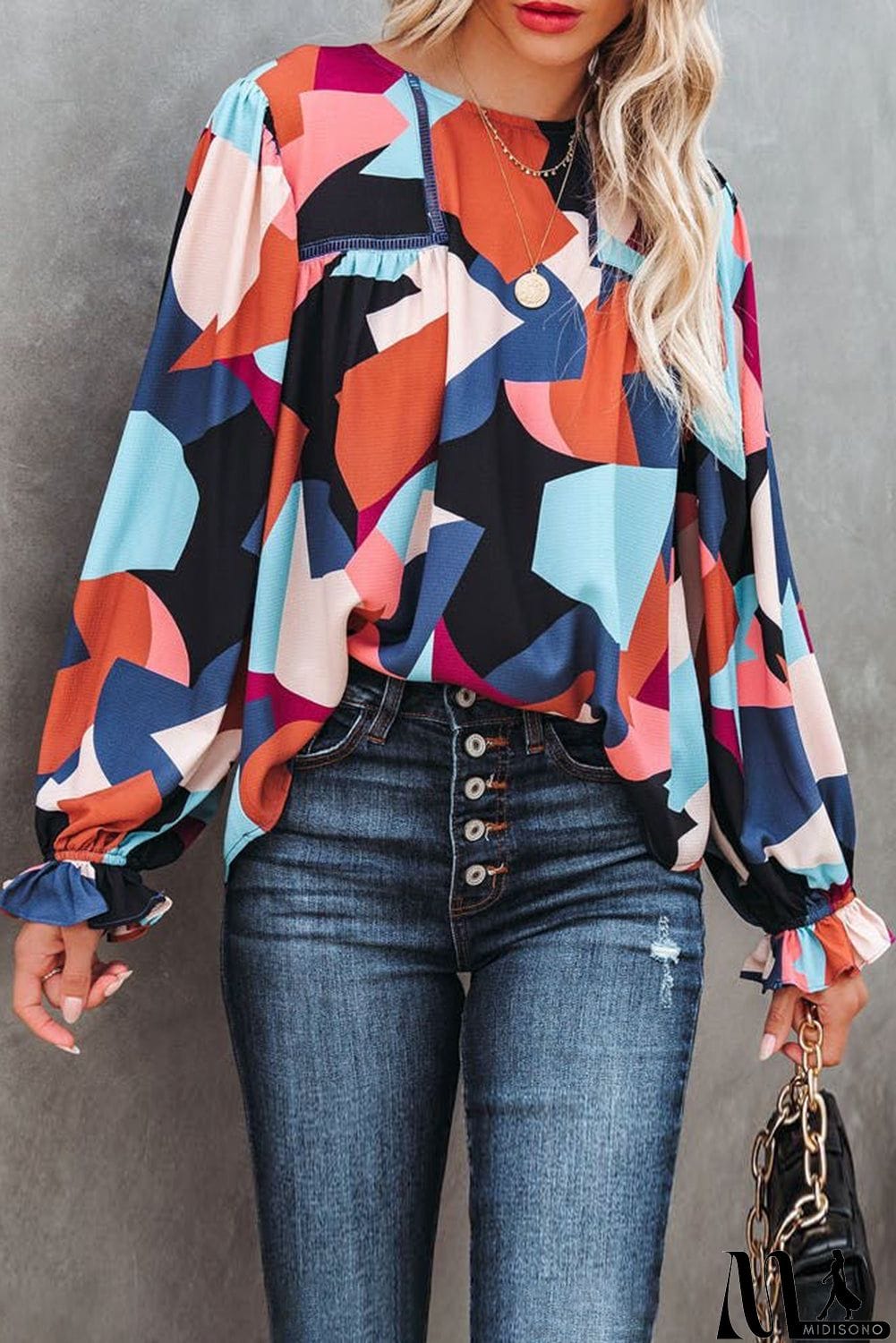 MidiSono - Abstract Pattern Crewneck Ruffled Puff Sleeve Blouse