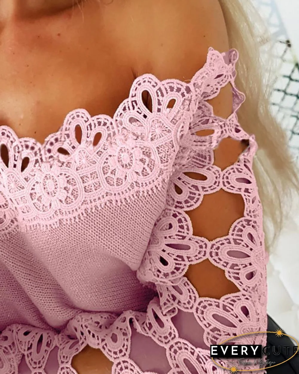 Off Shoulder Hollow out Trim Blouse P13613