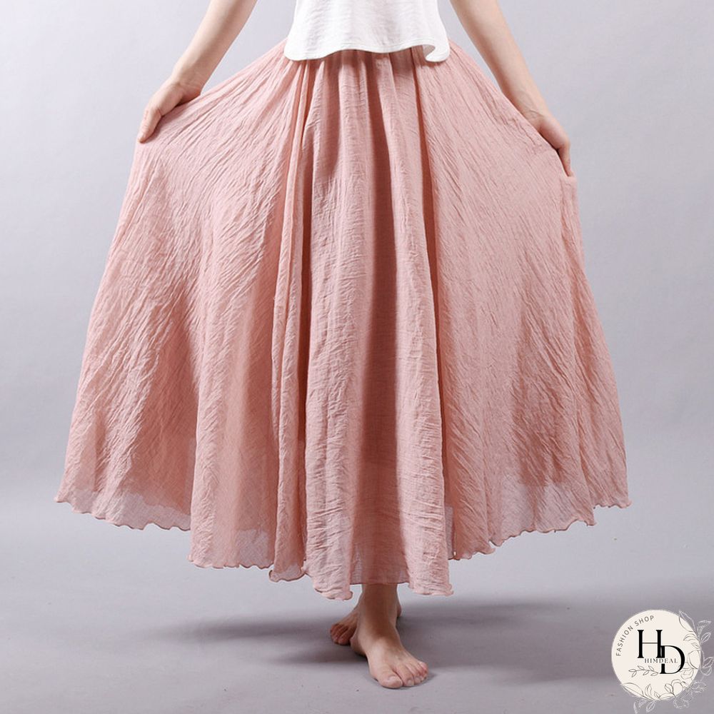 Womens Elegant High Waist Linen Maxi Skirt Summer Ladies Casual Elastic Layers Skirts Saia