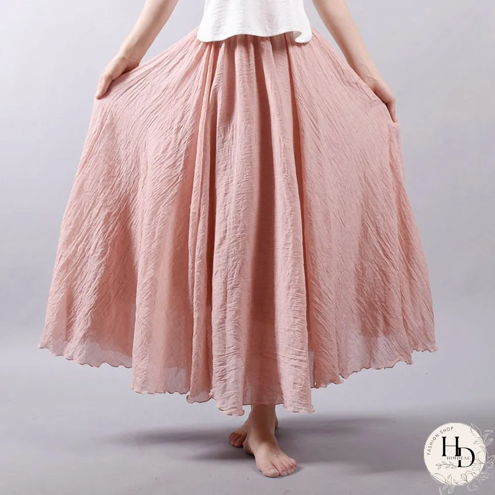 Womens Elegant High Waist Linen Maxi Skirt Summer Ladies Casual Elastic Layers Skirts Saia
