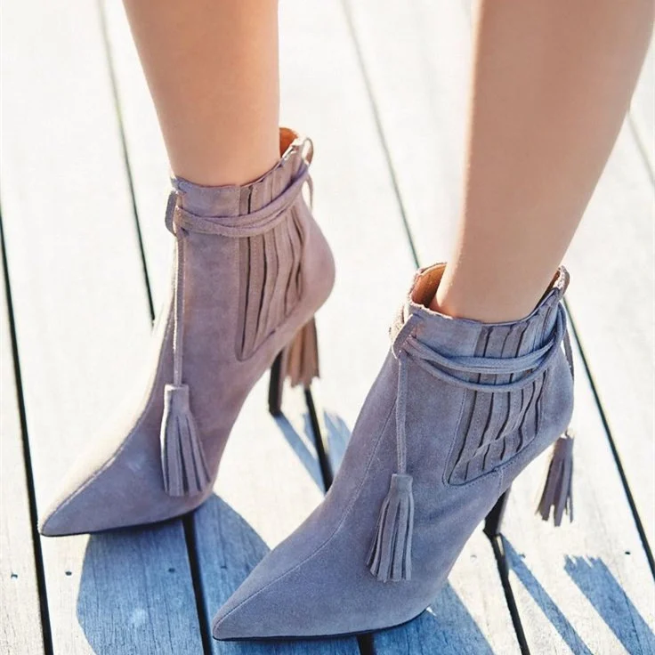 Grey Suede Tassel Pointy Toe Stiletto Heel Ankle Boots Vdcoo