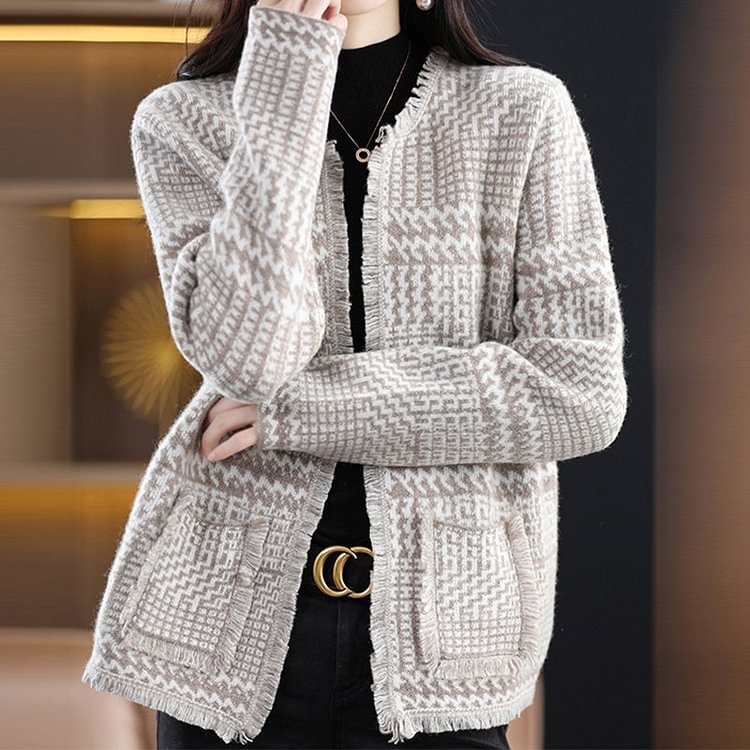Women Geometric Long Sleeve Knitted Casual Outerwear QueenFunky