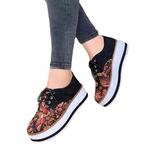 High Quality Embroidered Flower Platform Shoes Ladies Flat Lace-Up Non-Slip Casual Shoes