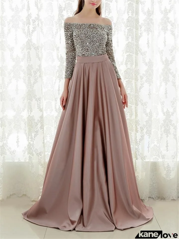 Decent Floor-Sweeping Train Off Shoulder Flared Evening Dress