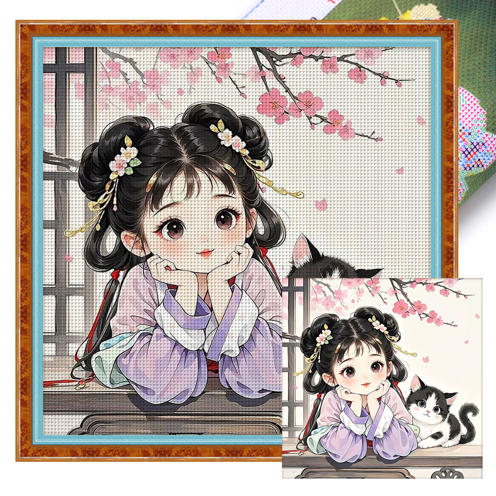 【Brand】Cat Girl Full 11CT Pre-stamped Canvas(50*50cm) 42 Colors Cross Stitch