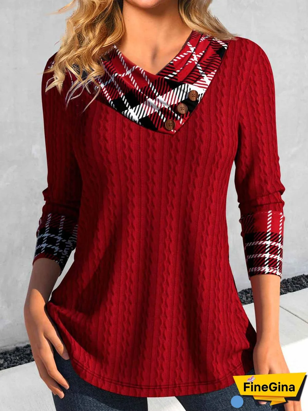 Women Long Sleeve V-neck Solid Button Christmas Tops