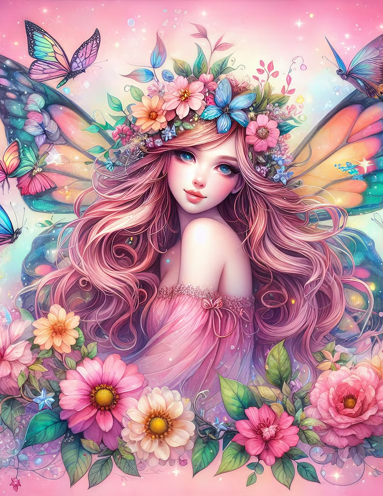Pink Butterfly Elf Angel Girl 40*50CM (Canvas) AB Round Drill Diamond Painting gbfke