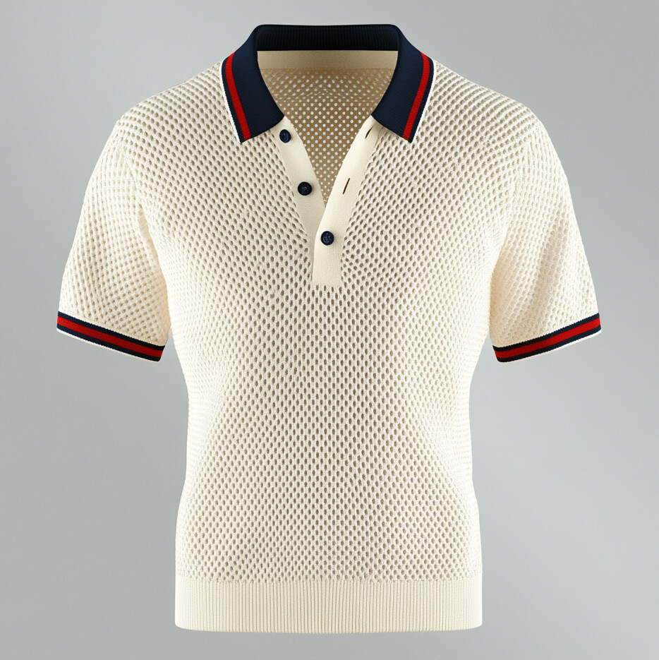Men's Knitted Hollow Out Contrast Stripes Half Button Short Sleeve Polo Shirt