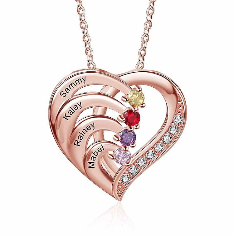 Personalized Mother Necklace 4 Stones Engraved 4 Names Birthstone Family Heart Pendant