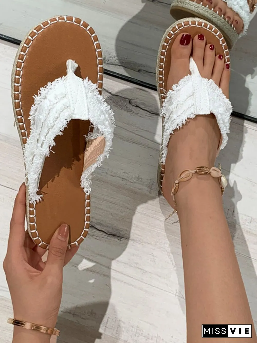Distressed Denim Fringe Straw Bottom Flip Flops