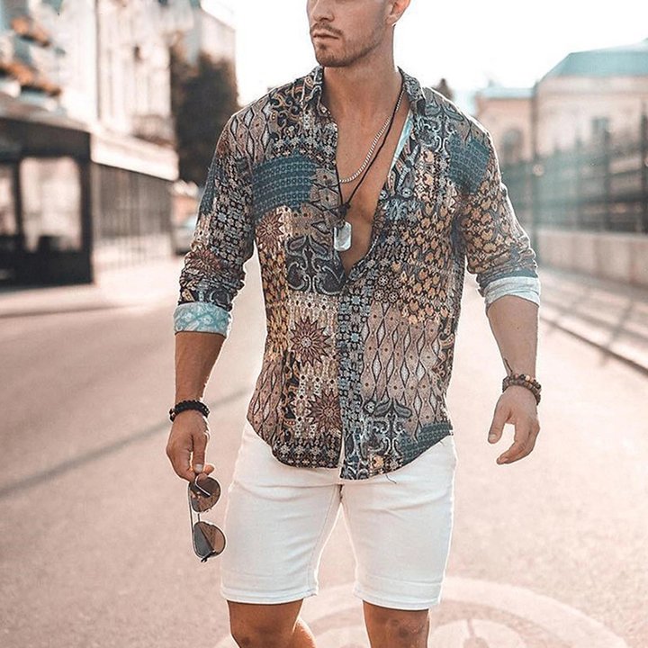 Vintage Print Ethnic Breathable Lapel Streetwear Camisa Beach Blouses Shirts-VESSFUL