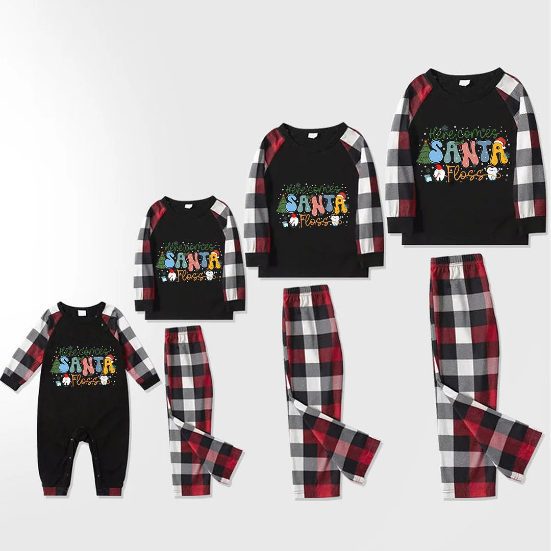 Christmas Tree and Floss Patterned and 'Here Comes Santa Floss ' Letter Print Contrast Tops and Red & Black & White Plaid Pants Family Matching Pajamas Set With Dog Bandana