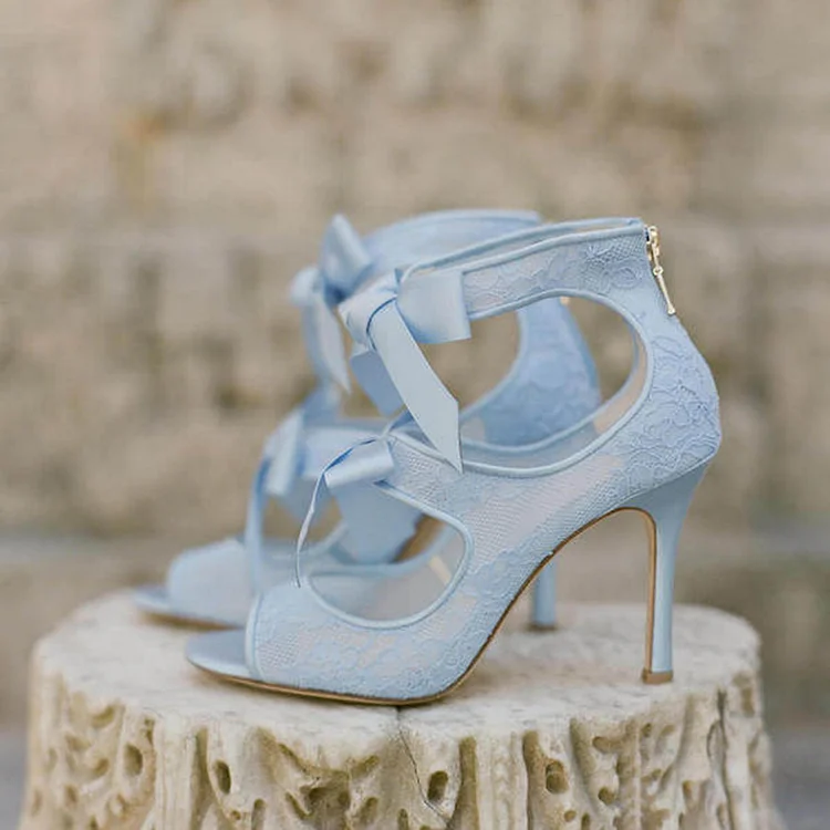 Women's Blue Stiletto Bow Shoes Elegant Lace Sandal Wedding Heels |FSJ Shoes