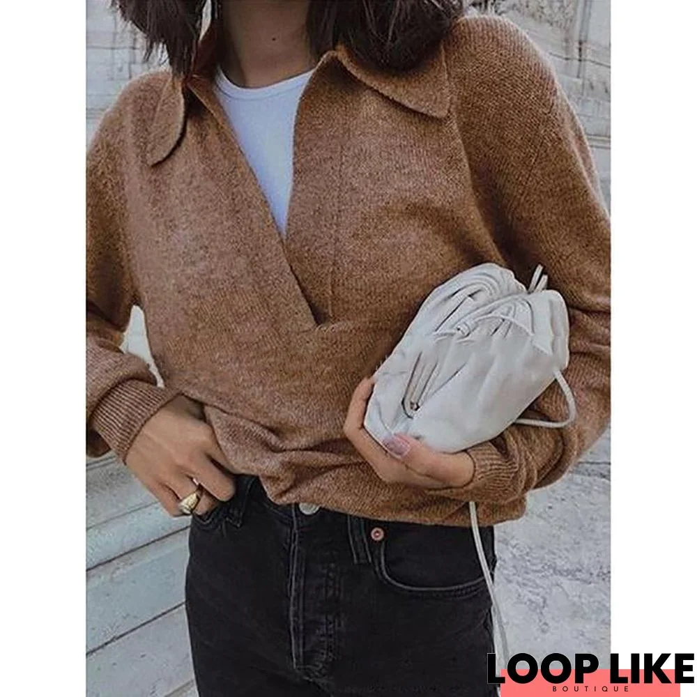 Lapel V Neck Casual Sweaters