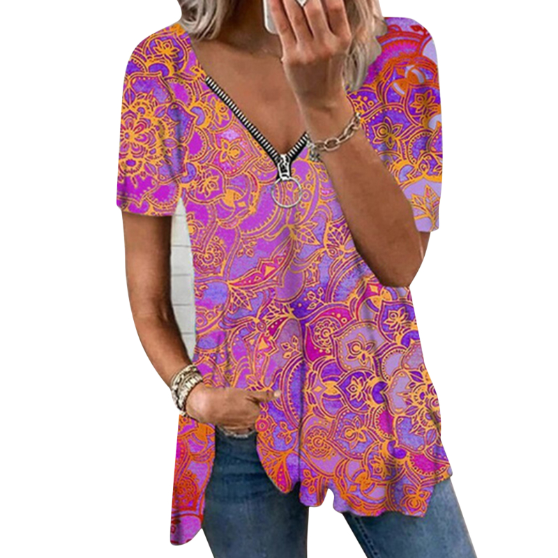 Vintage Print T-shirt Women  Tops Summer Zipper V-neck Blouse Shirt