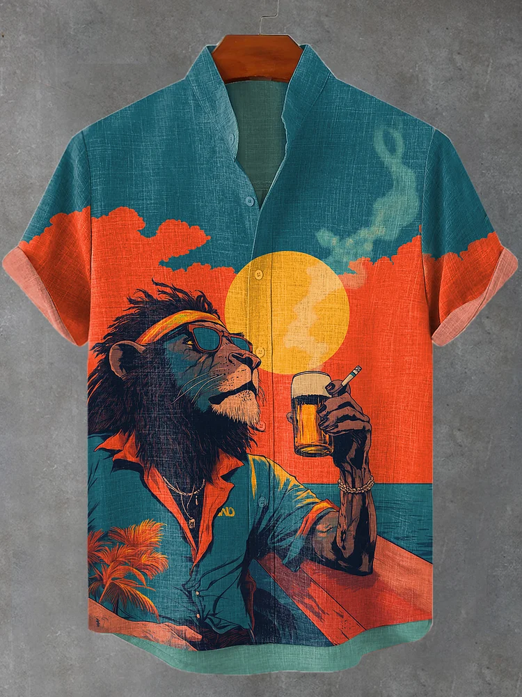 Men's Chilling Beer Sunset Hippie Lion Art Print Shirt