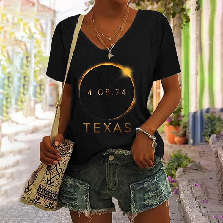 Comstylish Retro Total Solar Eclipse 2024 Texas Graphic V-Neck Comfy T-Shirt