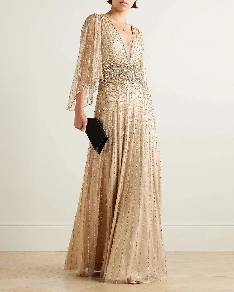 cape-effect embellished tulle gown