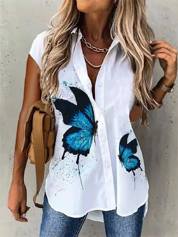 Butterfly Printed Lapel Buttons Short Sleeve Blouse