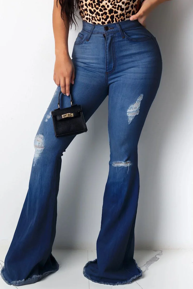 Dark Blue Sexy Solid Ripped High Waist Boot Cut Denim