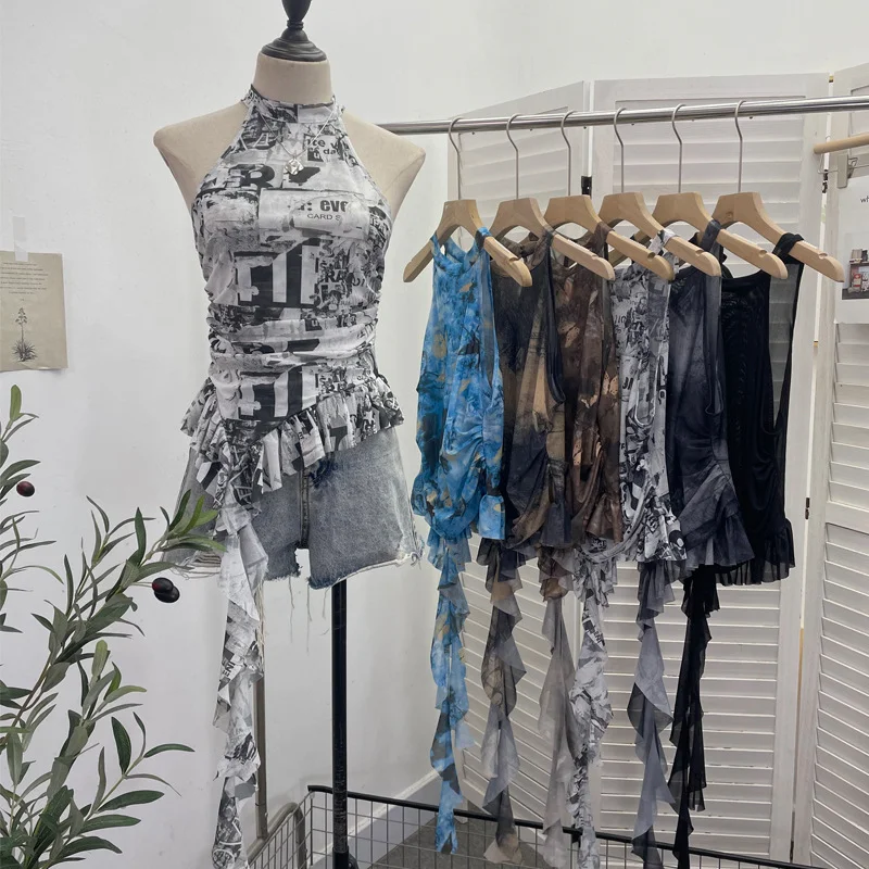 Uveng Trend Irregular Hanging Neck Dyeing Net Yarn Vest Lotus Side Ribbon Short Sleeveless Top 9969