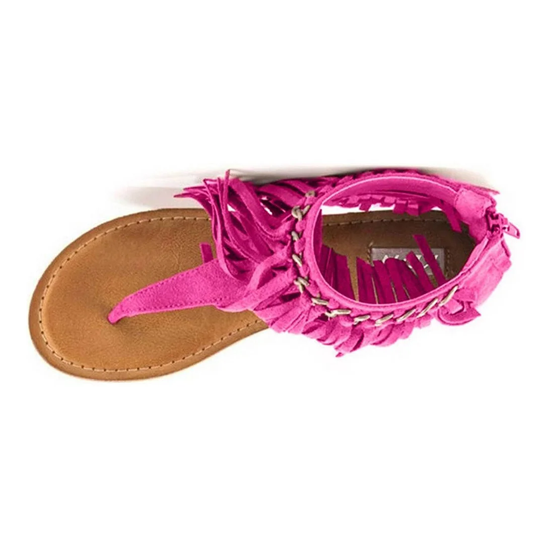 Fuchsia Round Toe Boho Flip Flop Chain Tassel Flat Sandals for Women