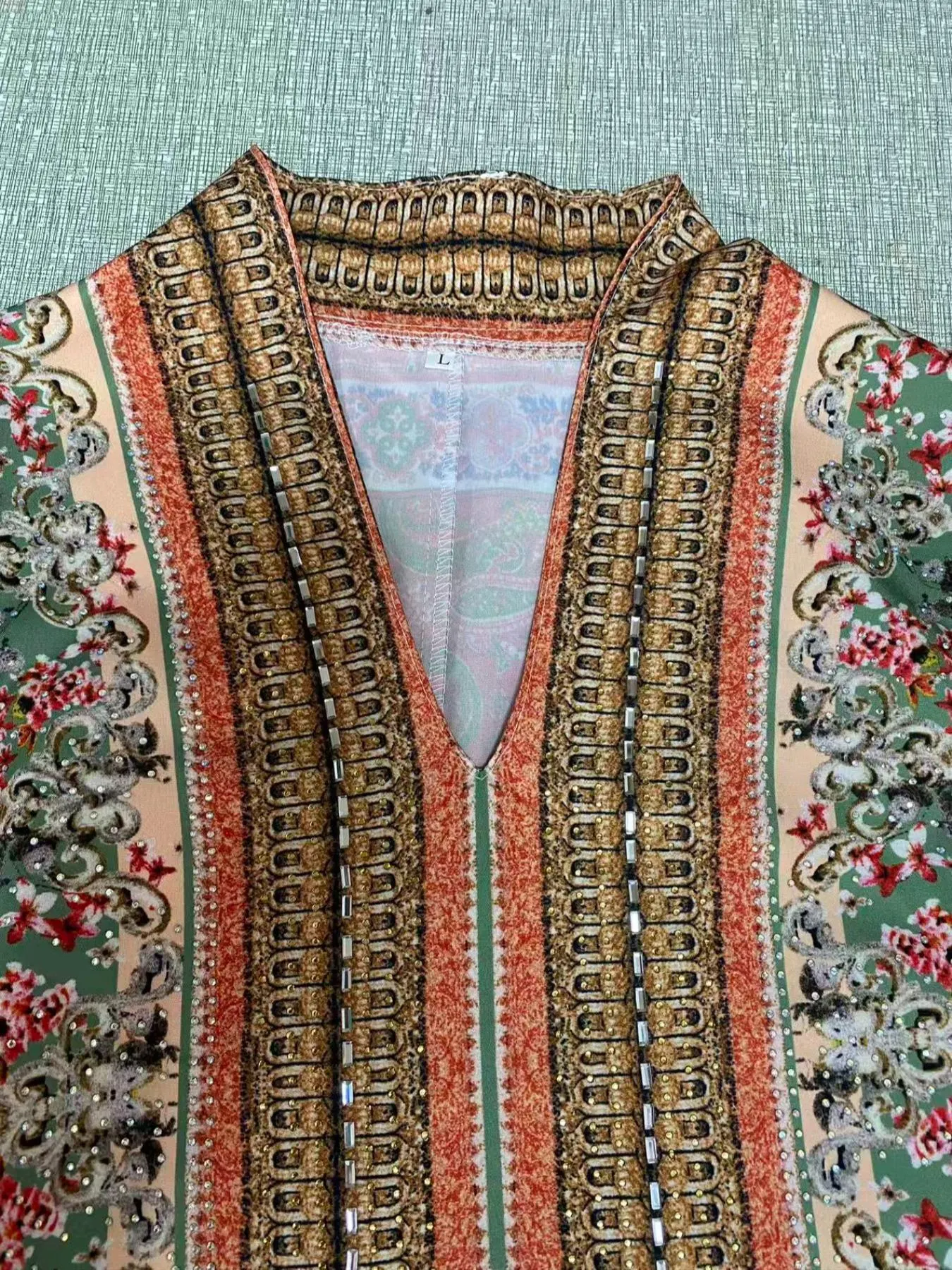 Bohemian Print Beaded Kaftan Dress, Long Evening Abaya Style Jalabiya, New Middle Eastern Women Fashion, Elegant Party Wear, Ethnic Print Kaftan