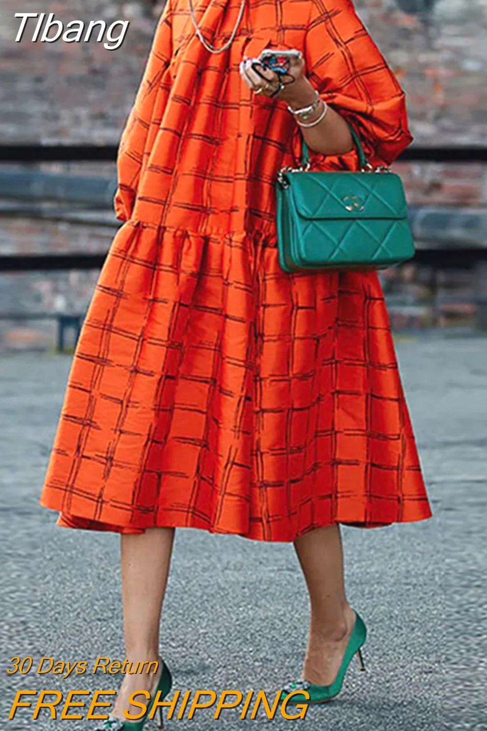 Tlbang Spring Autumn Female Stylish Selection Puff Sleeves Plaid High-Neck Elegant Evening Party Midi Dresses For Women 2023 New