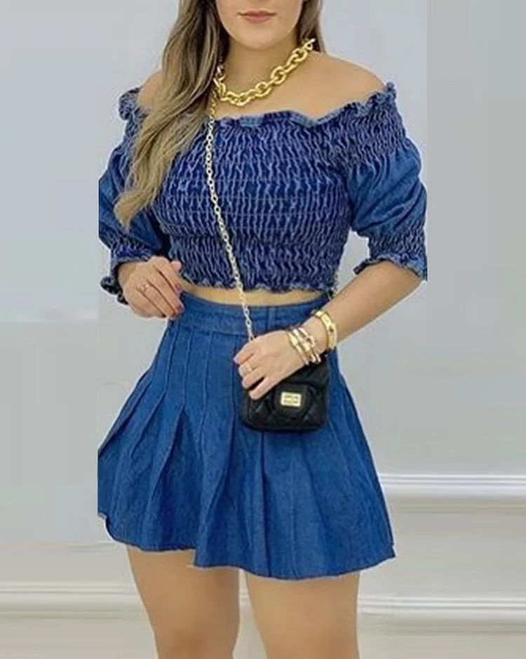 Solid Color Shirred Crop Top & Zip Back Skirt Set P4294357968