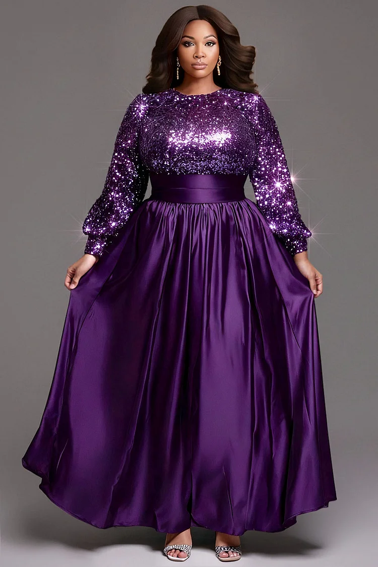 Xpluswear Design Plus Size Formal Purple Round Neck Long Sleeve Contrast Elegant Pocket Satin Sequin Maxi Dresses [Pre-Order]