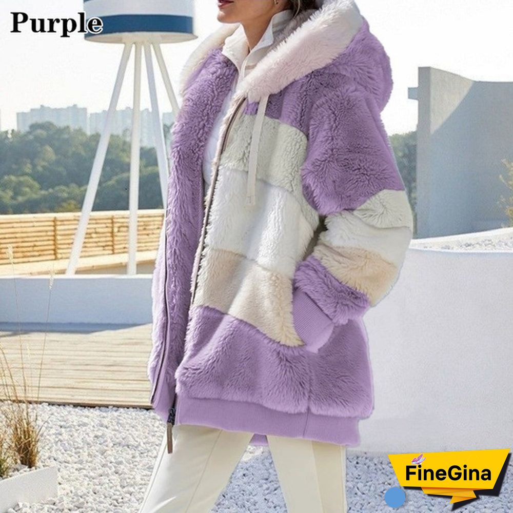 New Winter Women's Jacket Hooded Warm Plush Loose Jacket for Women Patchwork Winter Outerwear Faux Fur Zipper Ladies Parka Coat Plus Size