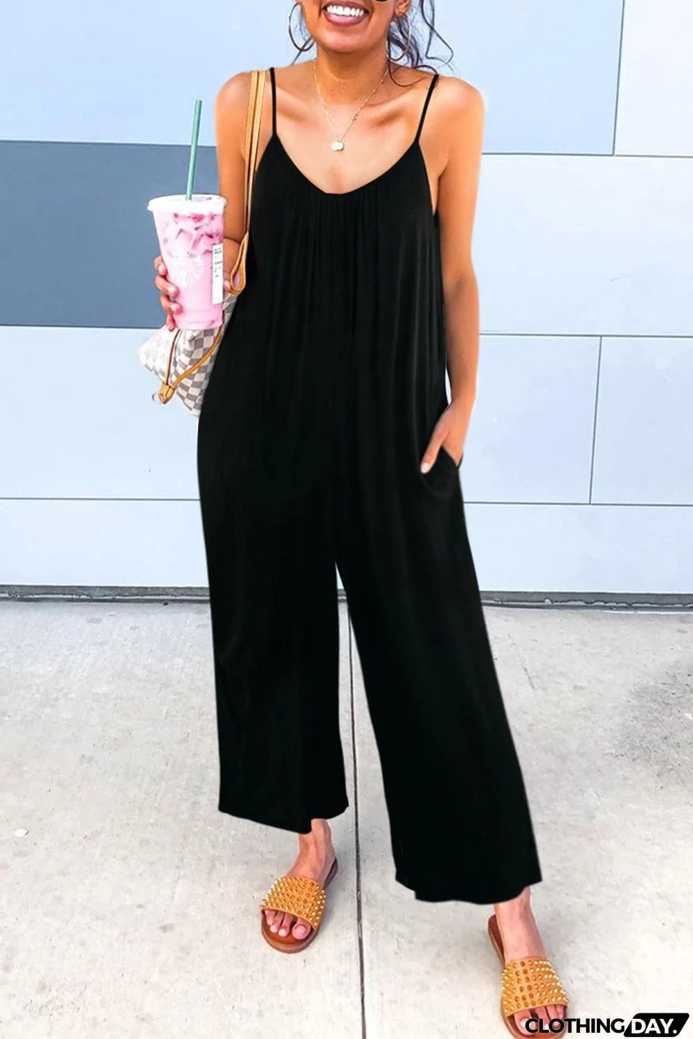 Spaghetti Straps Wide Leg Pocketed Jumpsuits