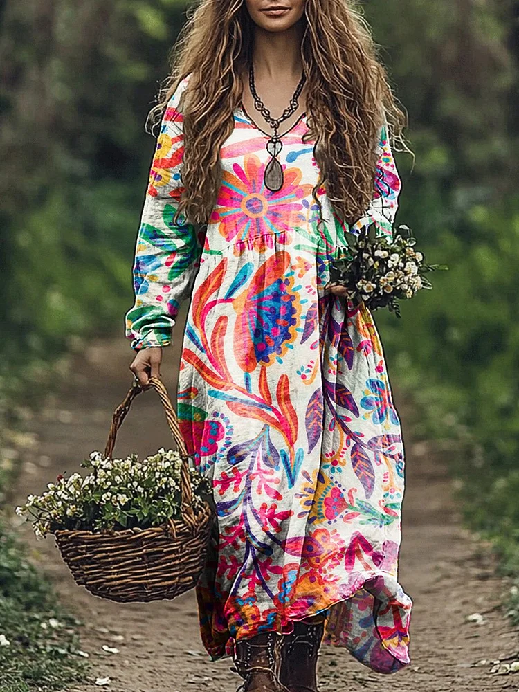 Women's Bright Floral Art Print Pocket Cotton V Neck Long Sleeve Dress