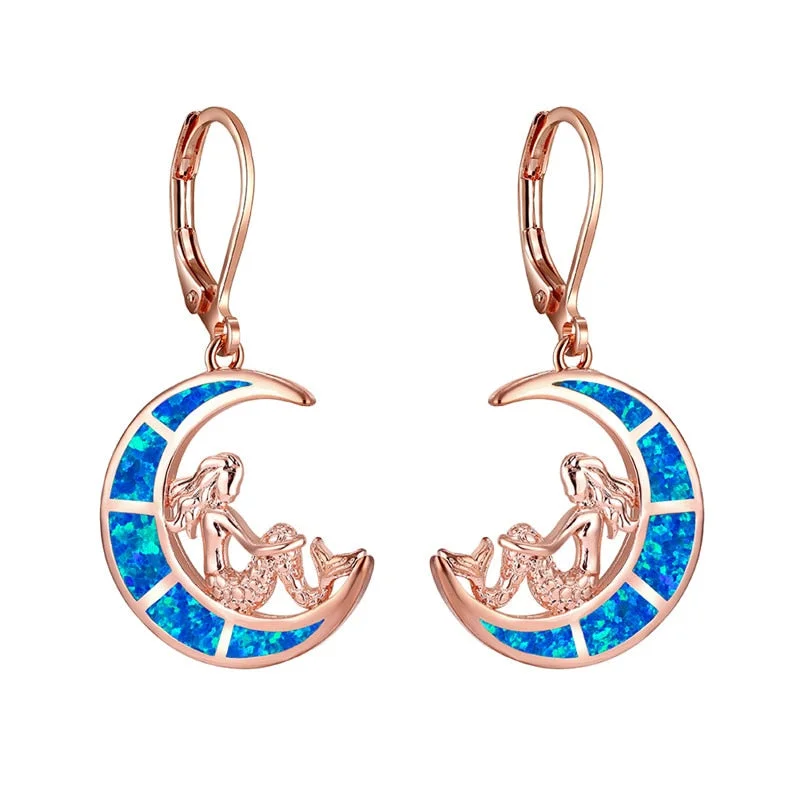 Vintage Female Moon Mermaid Earrings Rose Gold Silver Color Clip Earrings For Women Charm Blue Opal Stone Wedding Earrings